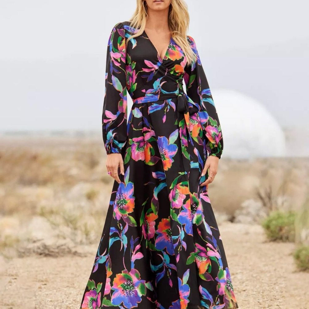 Boston Proper Exploded Garden Print Charmeuse Black Wrap Dress XL